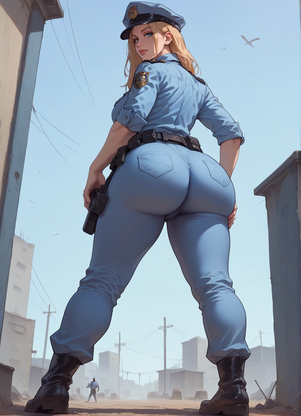 ass, blonde hair, 1girl, police, hat, police uniform · Yamete.gg
