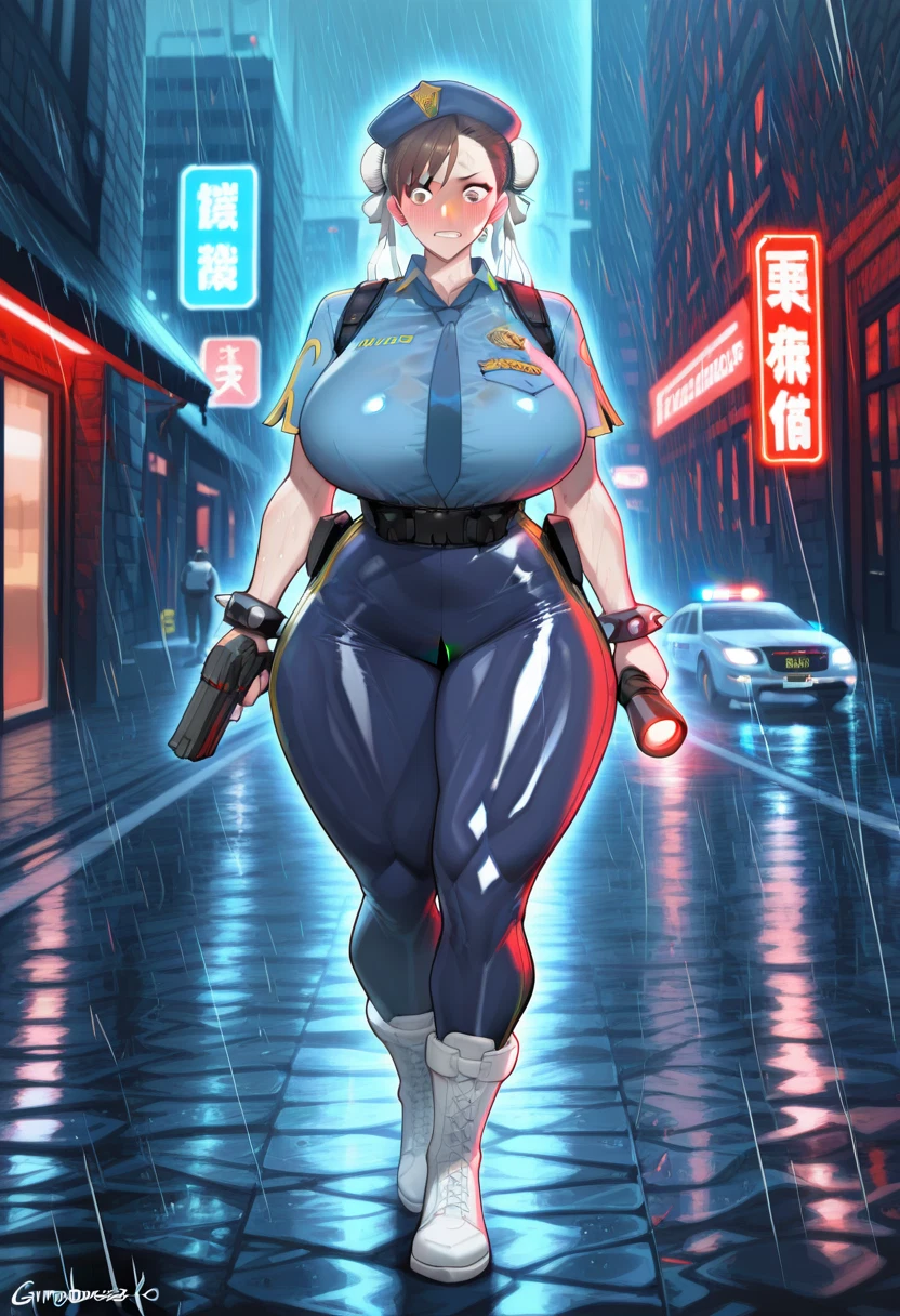 chun-li, 1girl, police, rain, breasts, police uniform · Yamete.gg