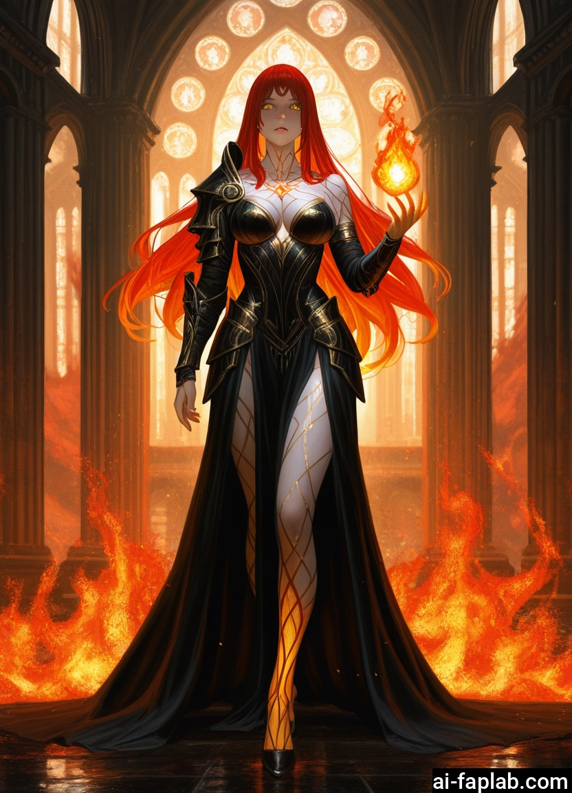1girl, breasts, long hair, fire, yellow eyes, solo · Yamete.gg
