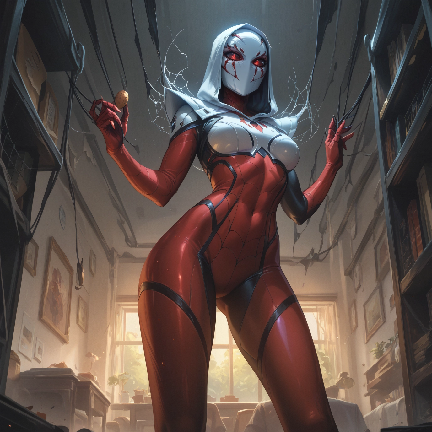 1girl, red eyes, bodysuit, solo, breasts, hood · Yamete.gg