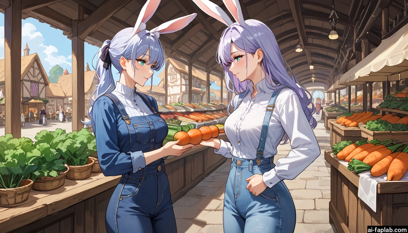 animal ears, rabbit ears, shirt, multiple girls, overalls, carrot · Yamete.gg