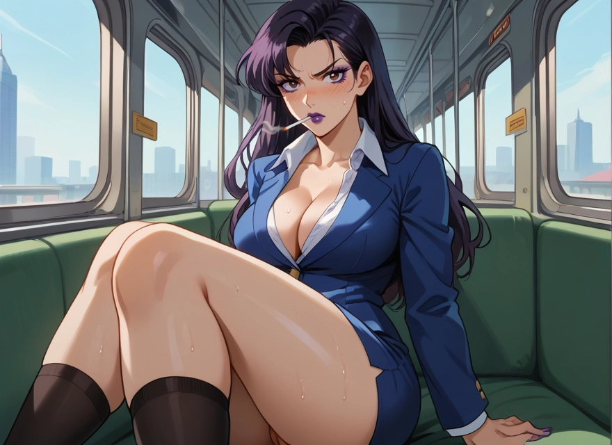 1girl, breasts, cleavage, cigarette, skirt, long hair · Yamete.gg