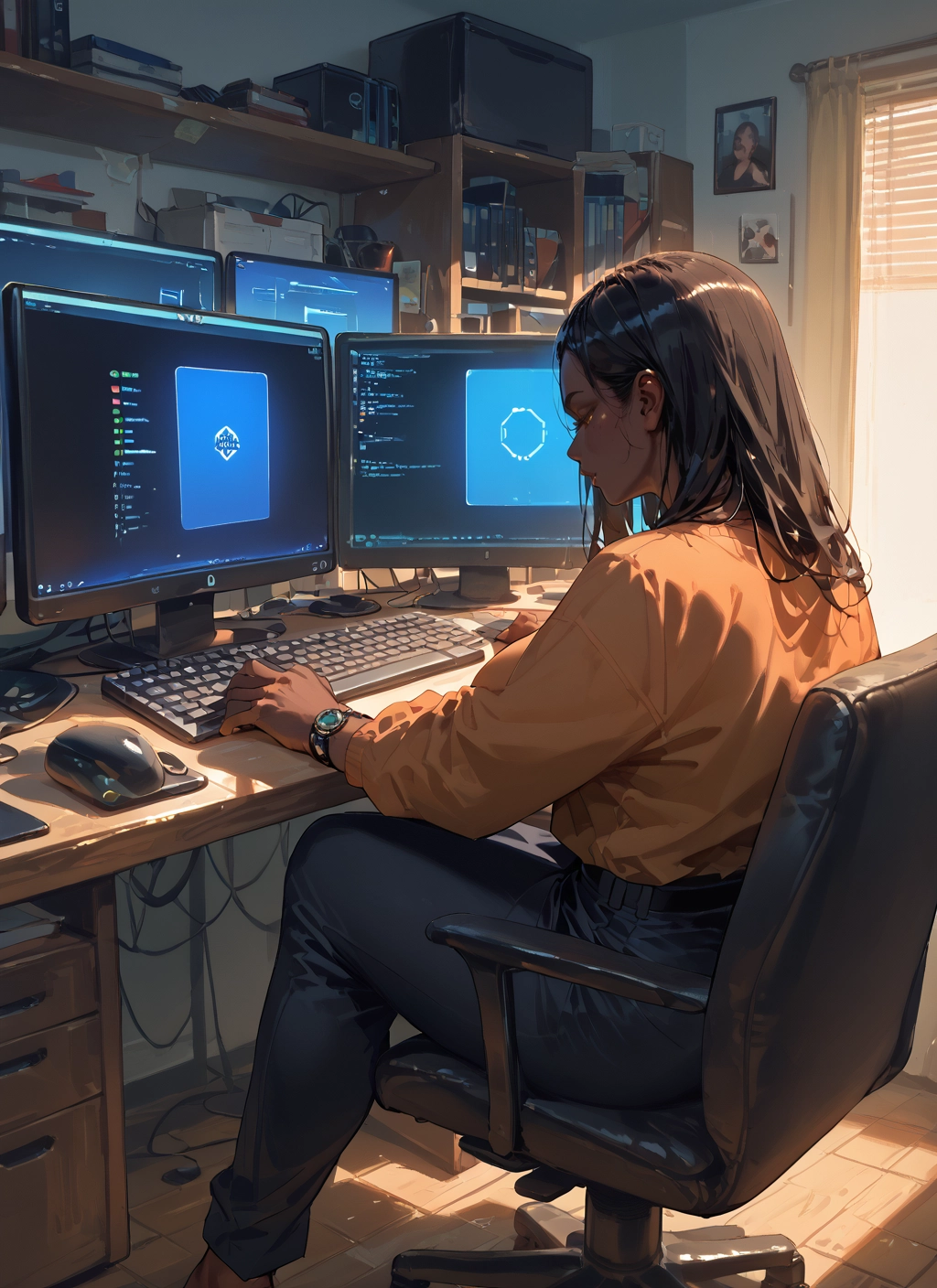 1girl, pants, watch, sitting, chair, long hair · Yamete.gg