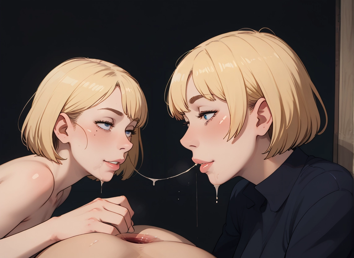 multiple girls, blonde hair, 2girls, short hair, blue eyes, saliva