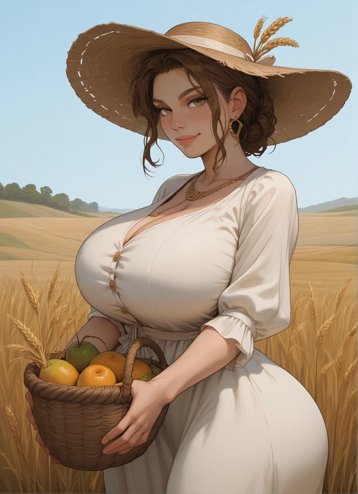 1girl, breasts, jewelry, basket, mature female, hat