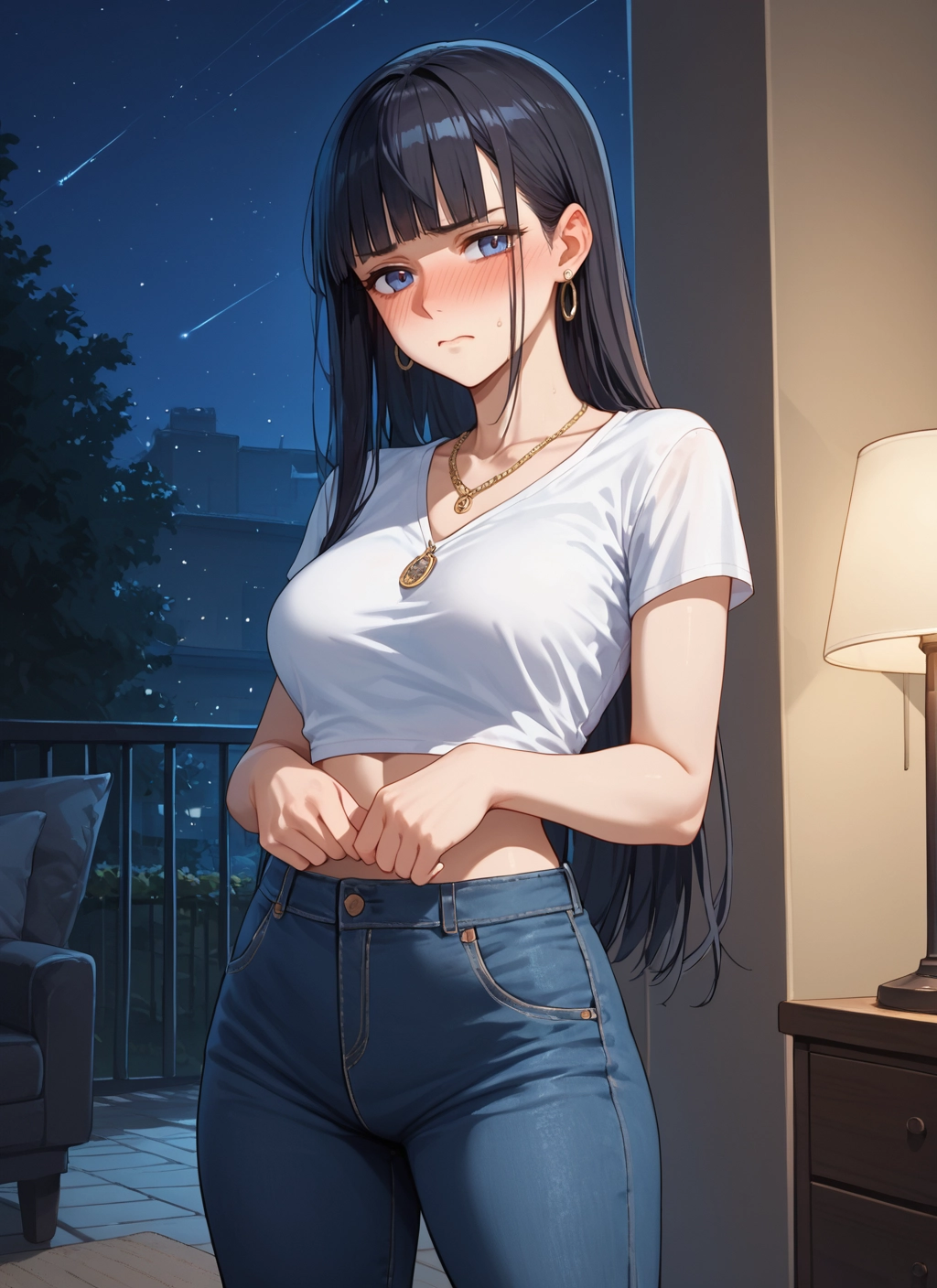 1girl, long hair, jewelry, earrings, blush, pants