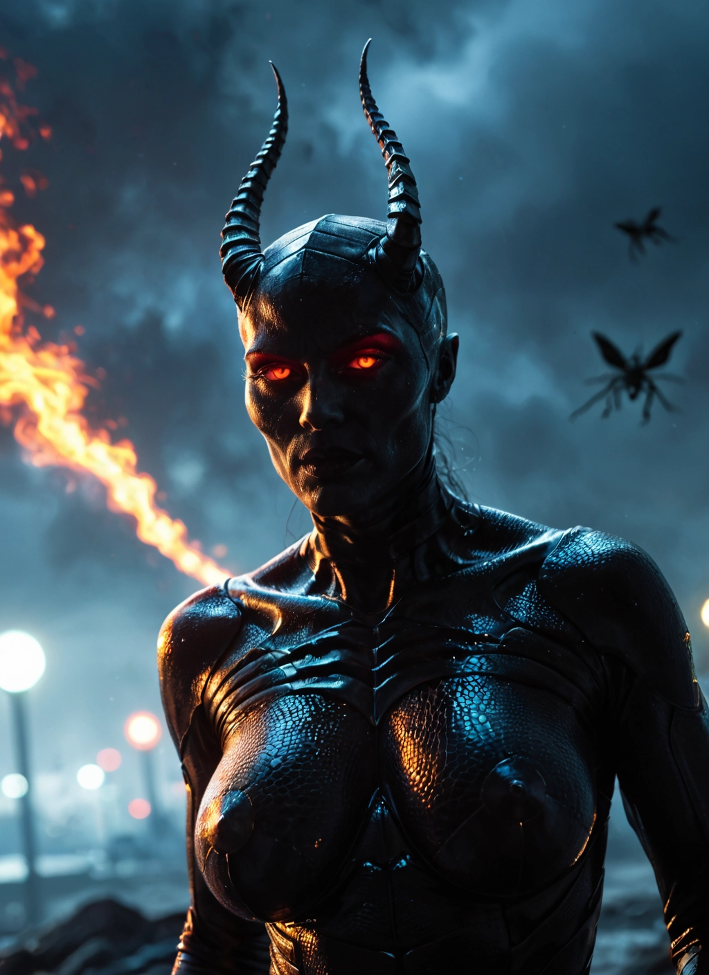 1girl, horns, breasts, solo, bug, red eyes · Yamete.gg
