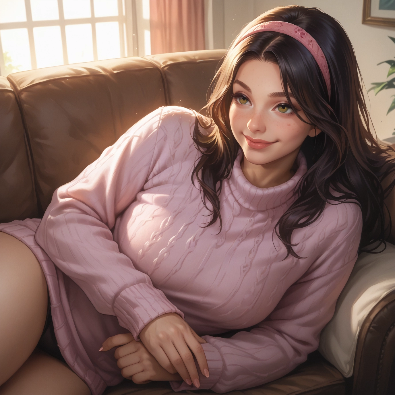 1girl, sweater, solo, hairband, couch, long hair · Yamete.gg