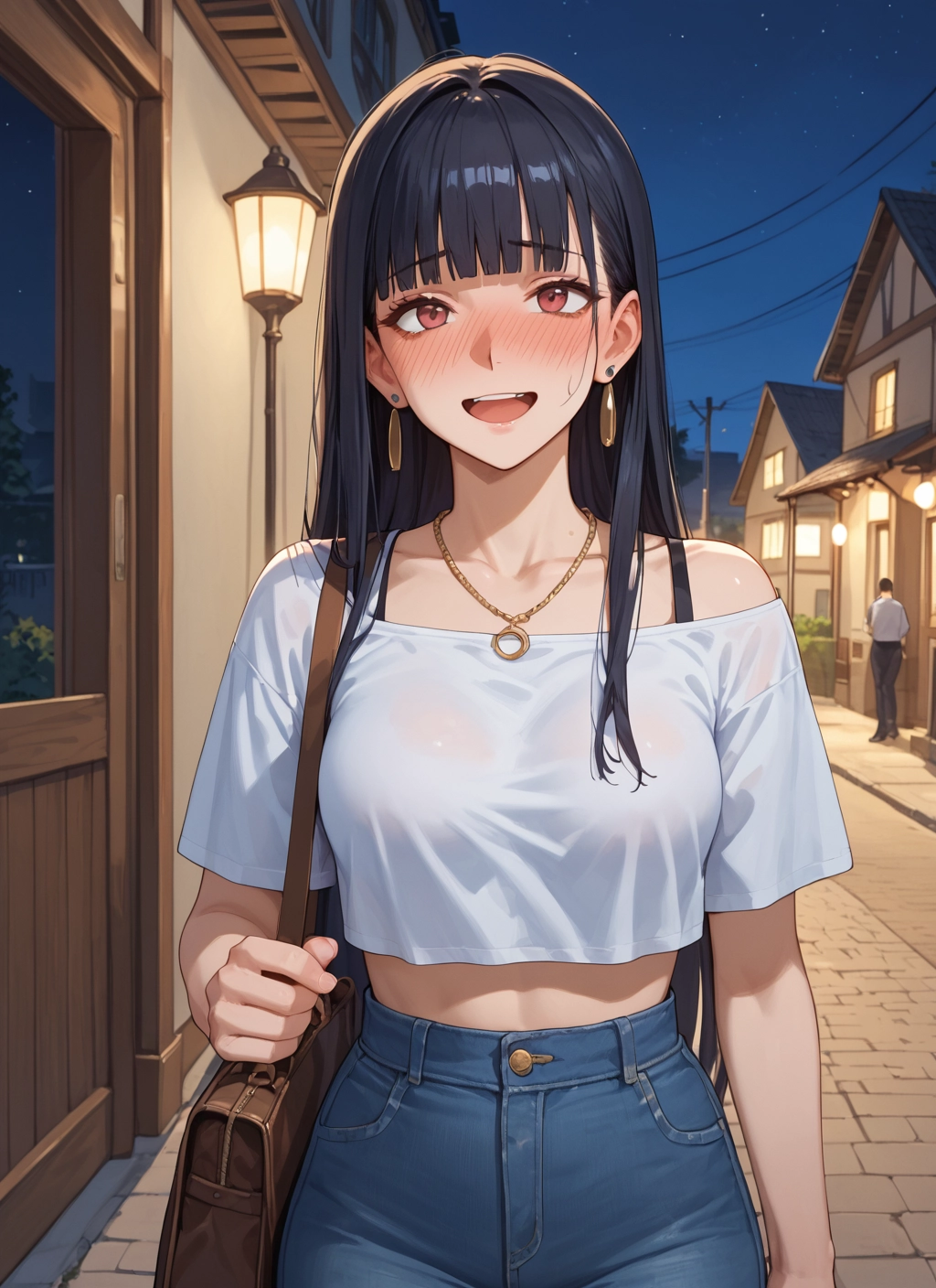 jewelry, blush, earrings, 1girl, open mouth, bag · Yamete.gg