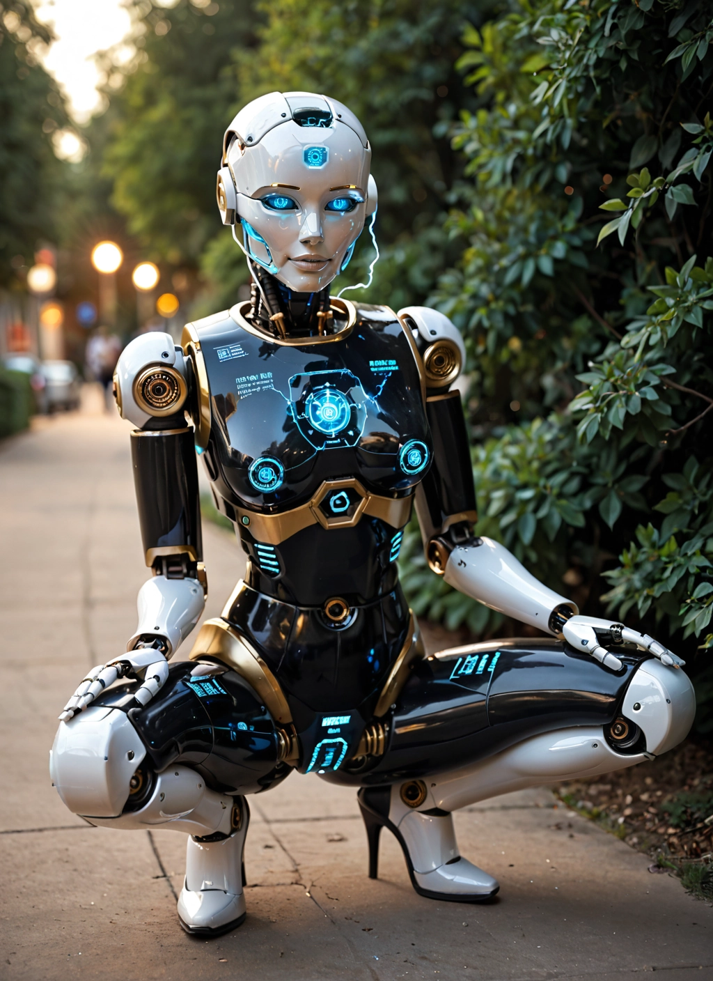 1girl, solo, squatting, high heels, blue eyes, robot joints · Yamete.gg
