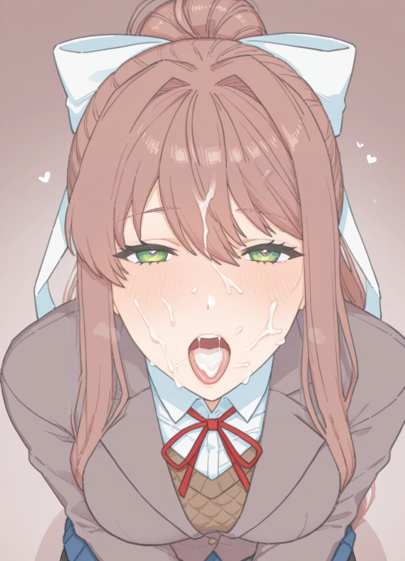 1girl, monika (doki doki literature club), solo, cum, facial, brown hair · Yamete.gg