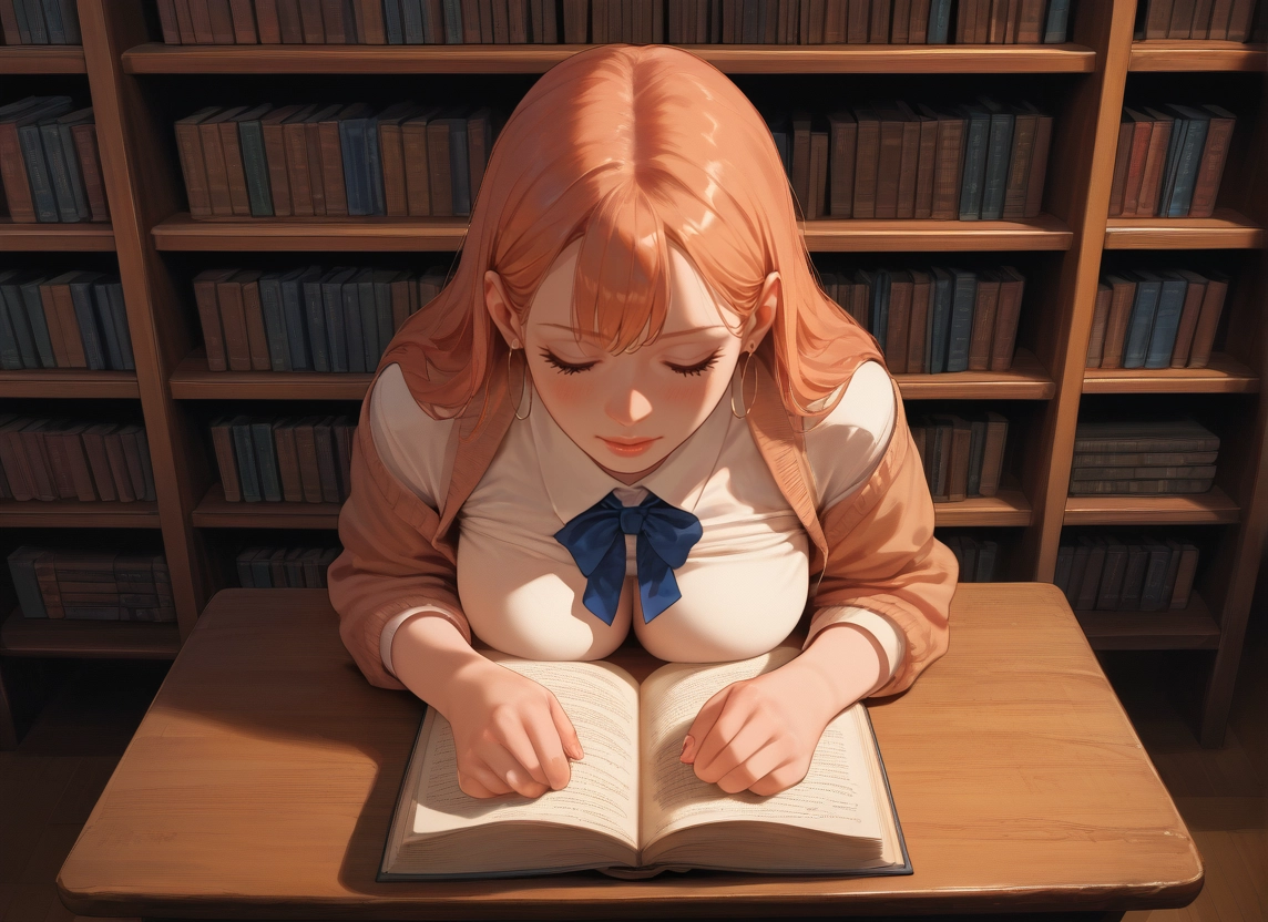 1girl, book, jewelry, closed eyes, earrings, breasts · Yamete.gg
