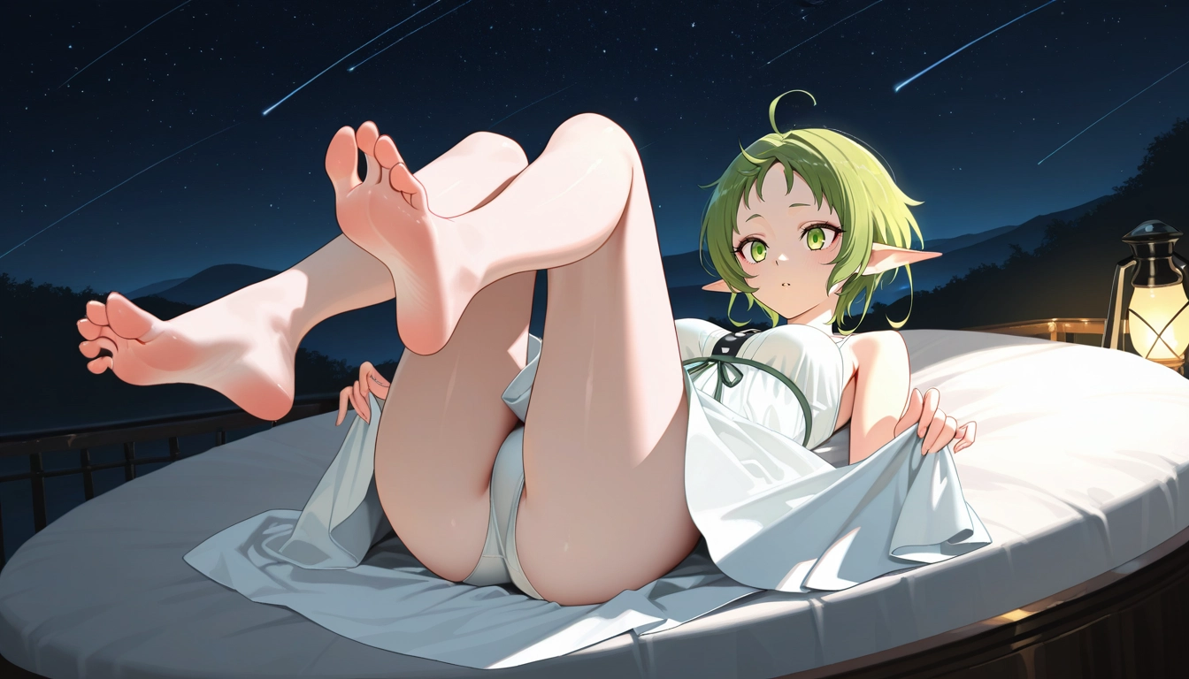 1girl, pointy ears, green hair, barefoot, solo, feet · Yamete.gg