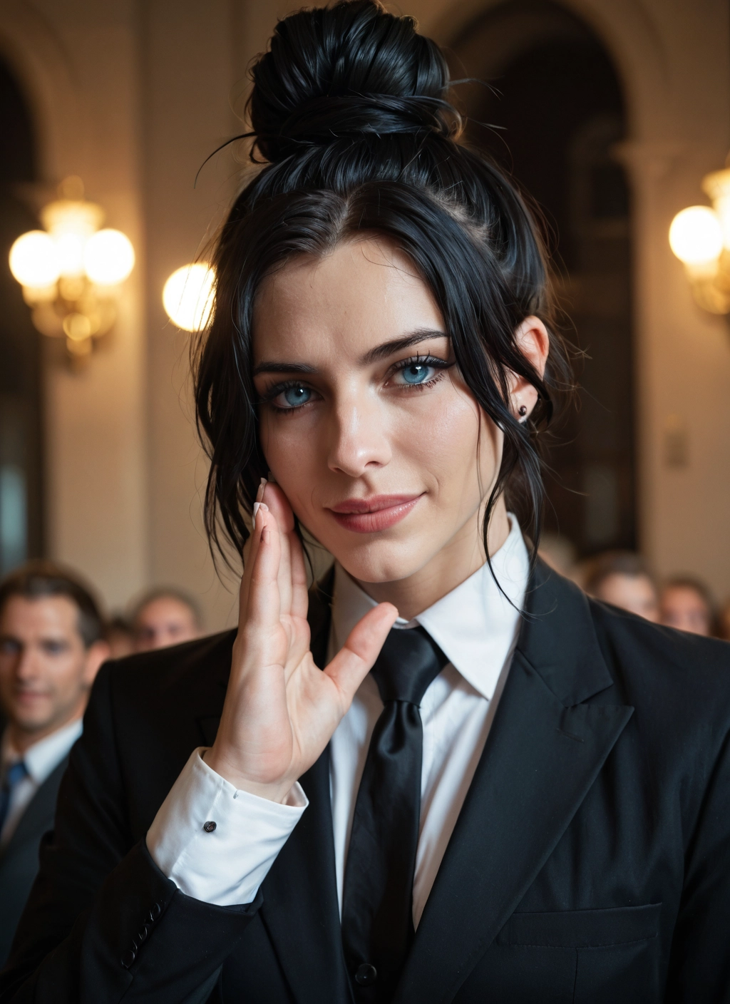 black hair, necktie, 1girl, hair bun, jewelry, blue eyes · Yamete.gg