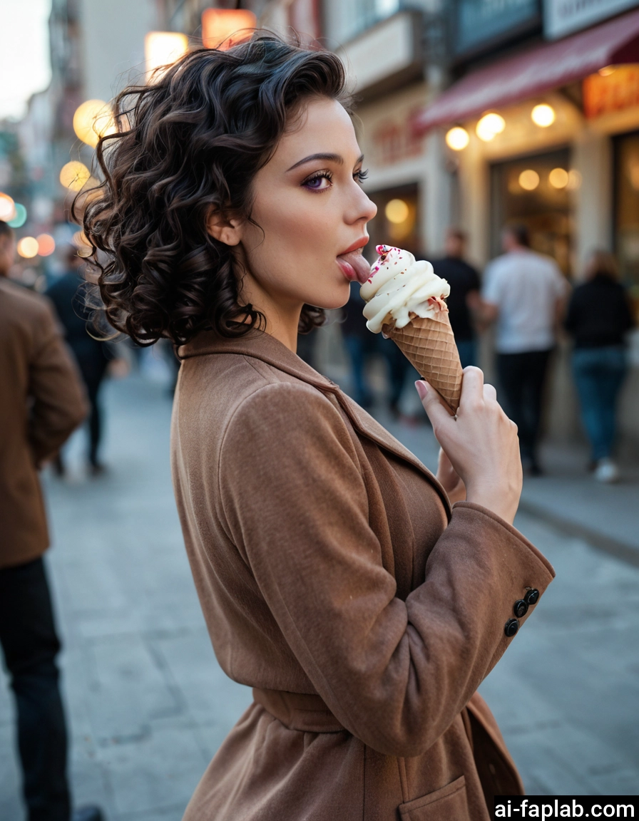 food, 1girl, ice cream, tongue, black hair, solo focus
