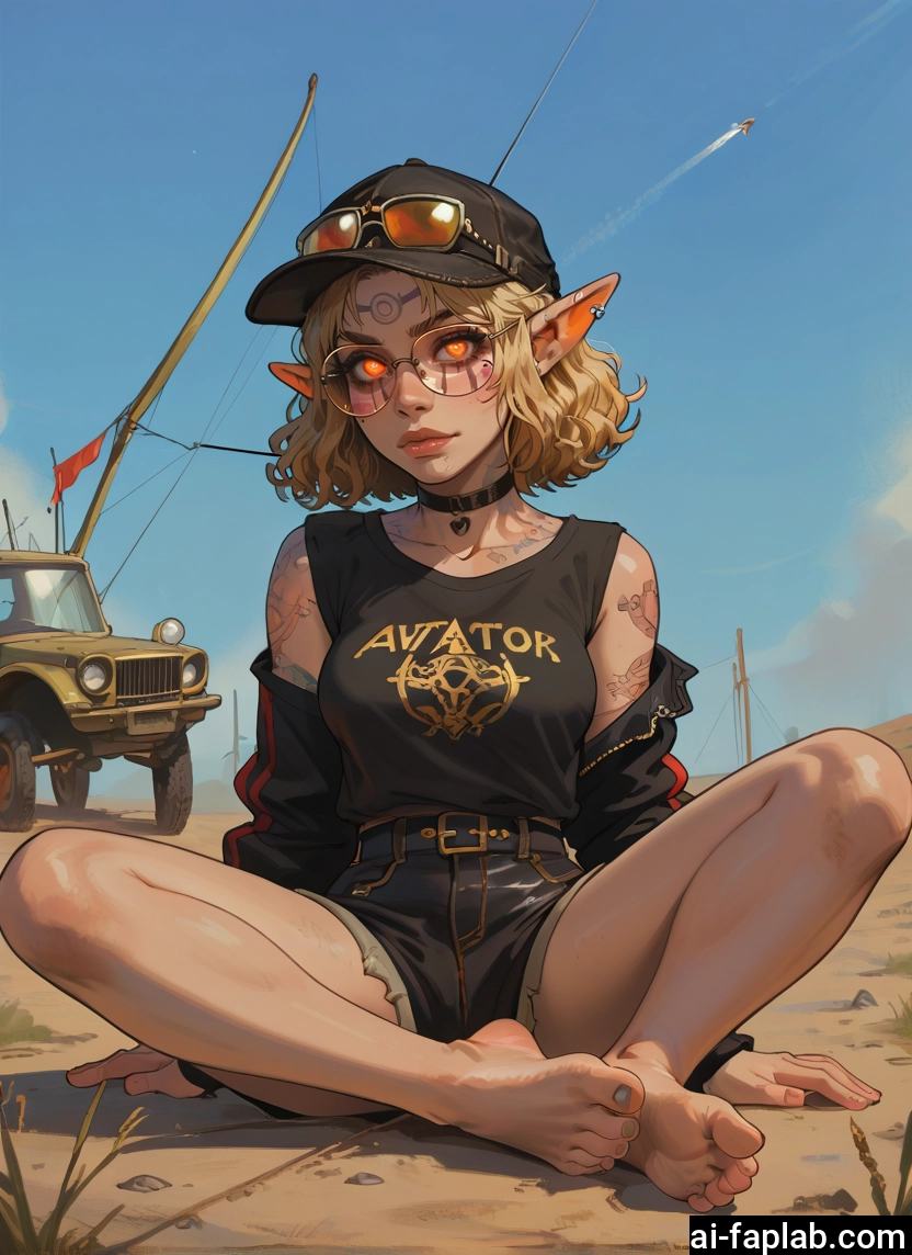 1girl, pointy ears, barefoot, hat, shorts, feet · Yamete.gg