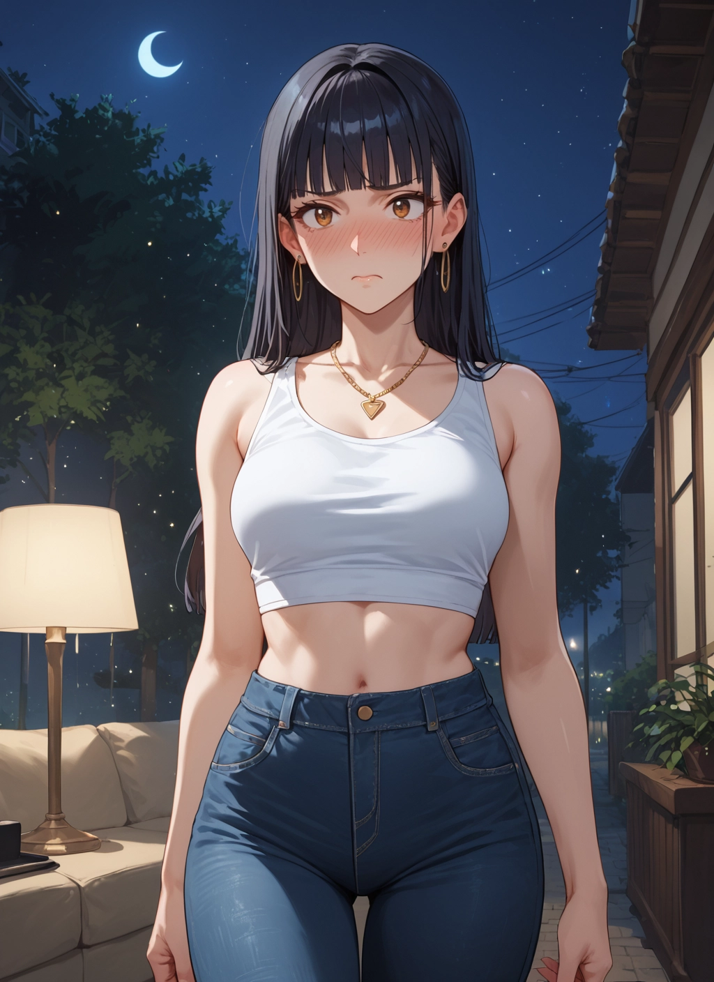 1girl, jewelry, blush, navel, earrings, pants · Yamete.gg