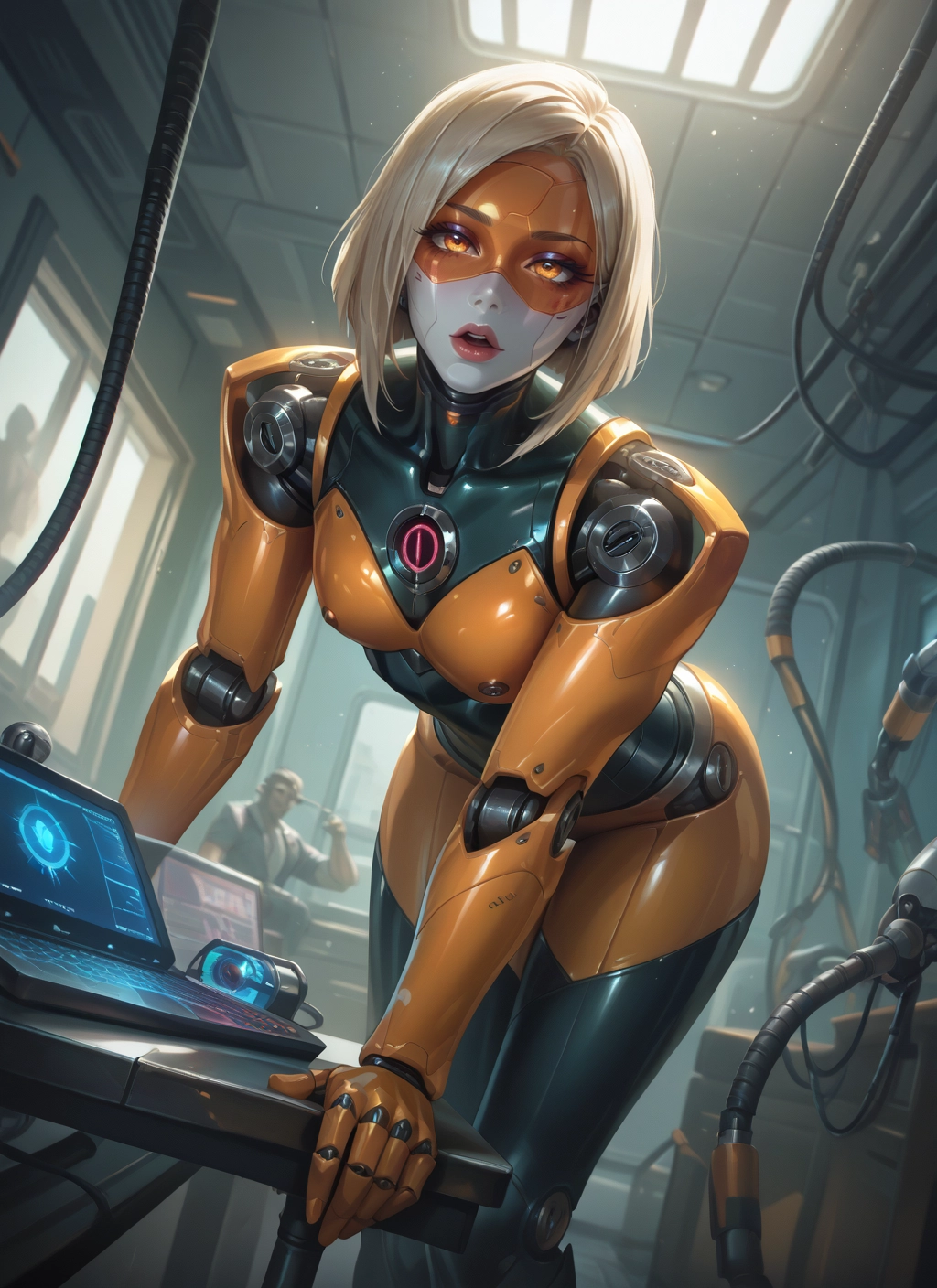 1girl, computer, bodysuit, breasts, looking at viewer, short hair · Yamete.gg