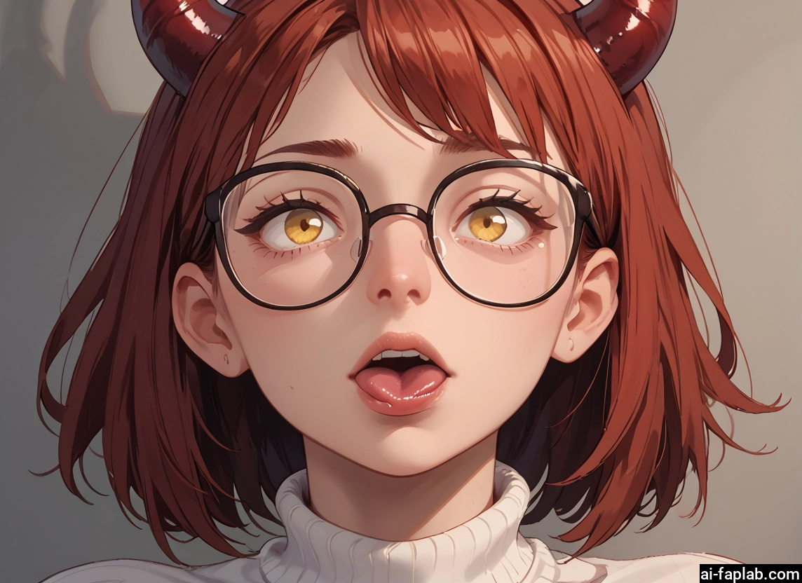1girl, solo, glasses, horns, sweater, tongue · Yamete.gg