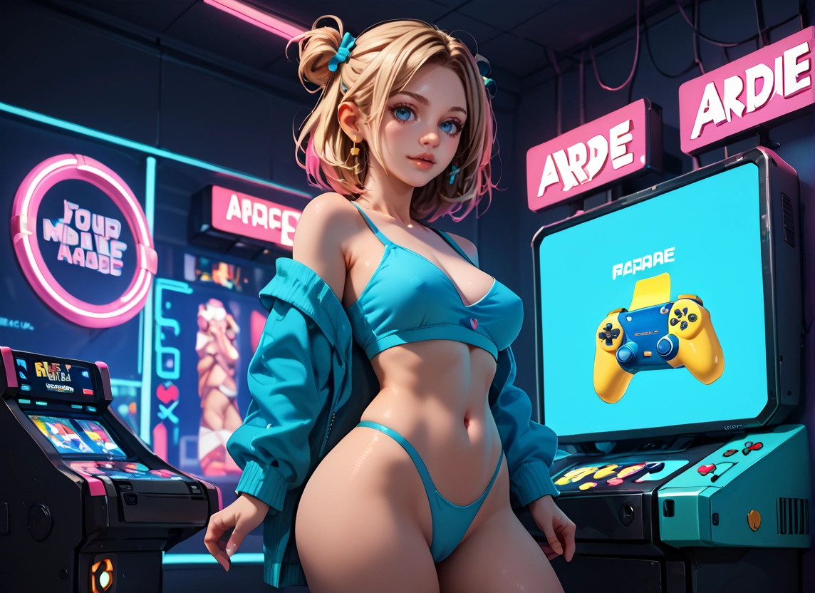 breasts, navel, blonde hair, 1girl, blue eyes, earrings · Yamete.gg