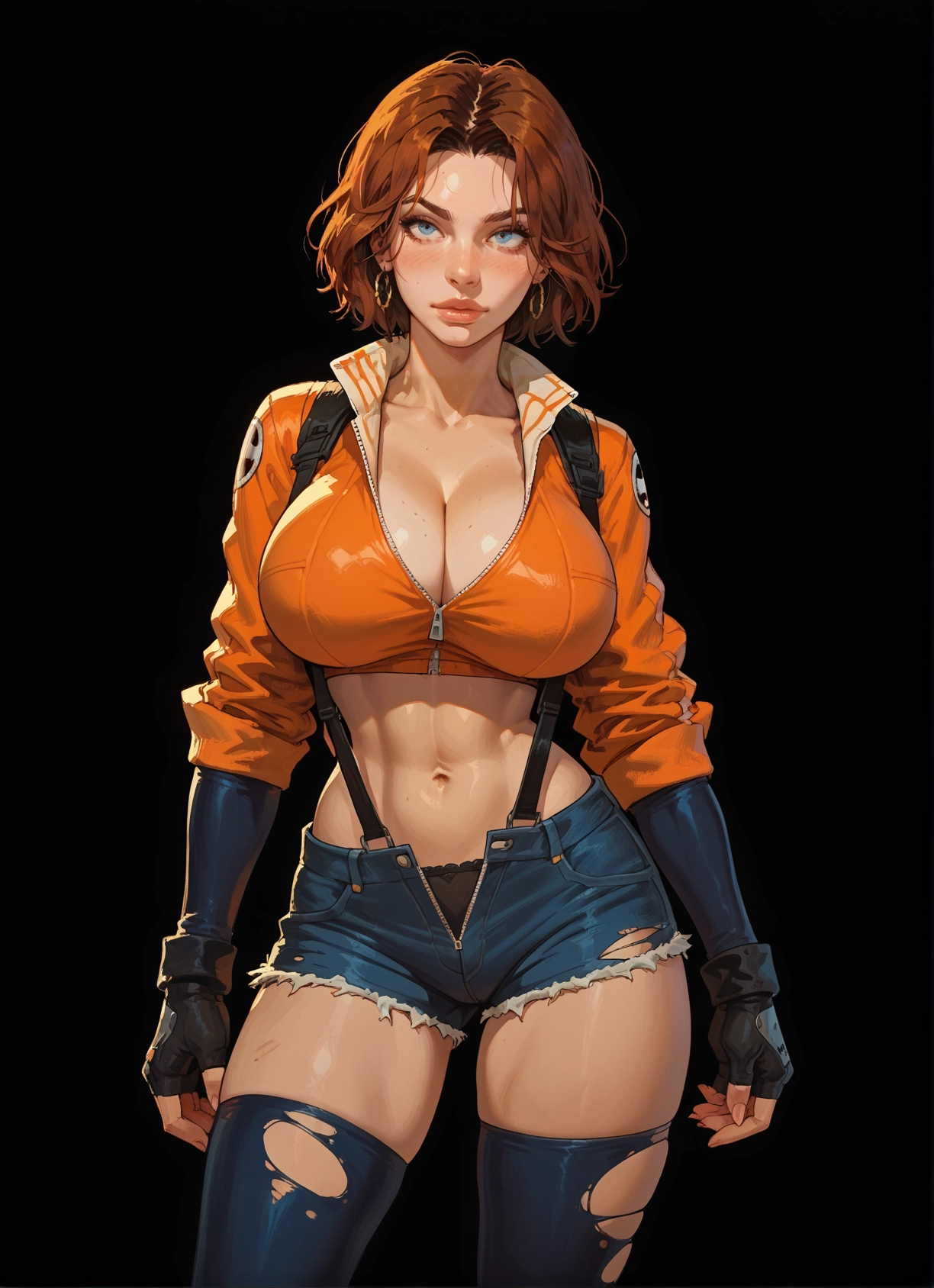 1girl, breasts, gloves, blue eyes, jewelry, shorts · Yamete.gg