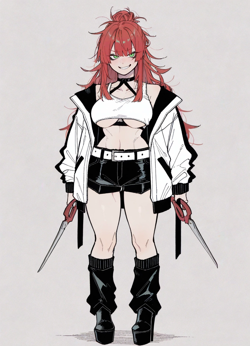 1girl, breasts, solo, shorts, jacket, green eyes · Yamete.gg