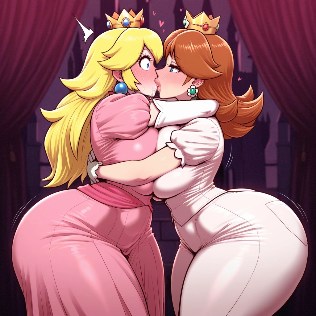 multiple girls, 2girls, princess peach, princess daisy, kiss, blonde hair