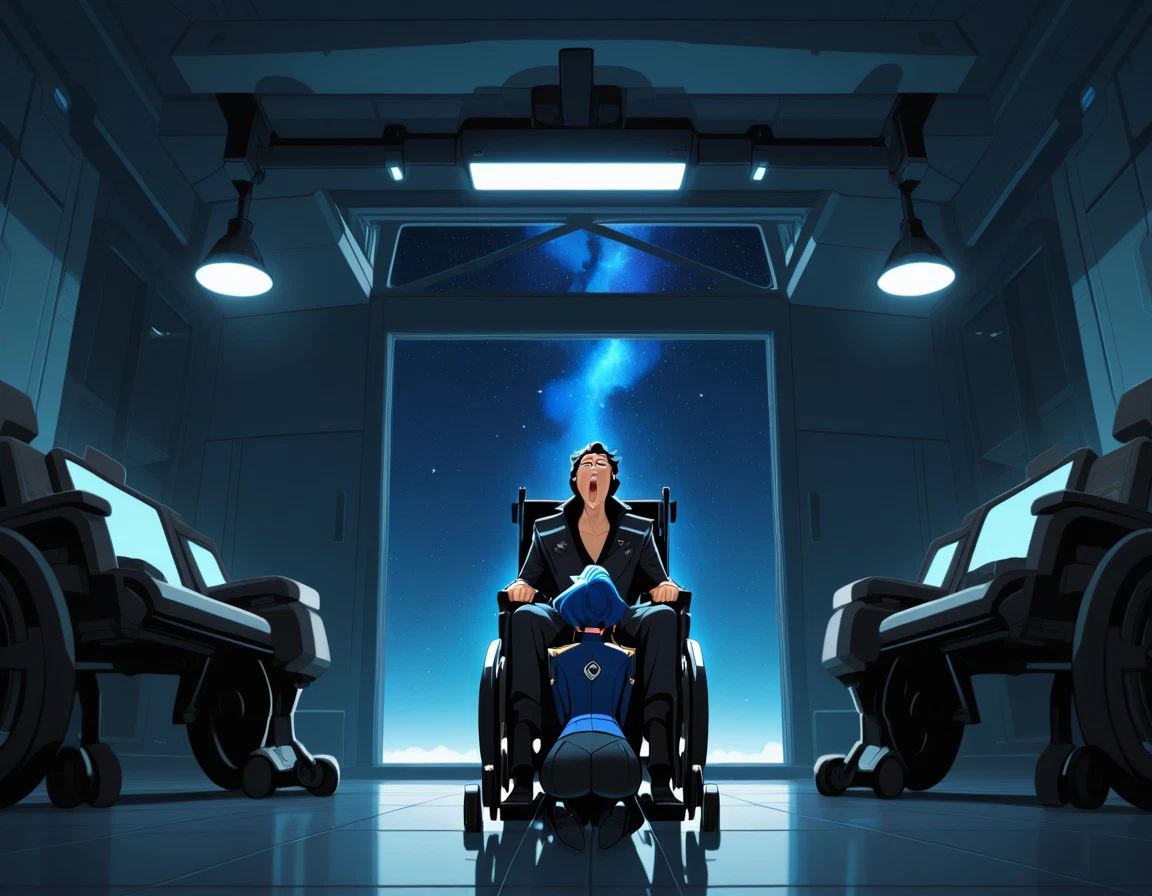 star (sky), blue hair, sitting, indoors, wheelchair, 1boy