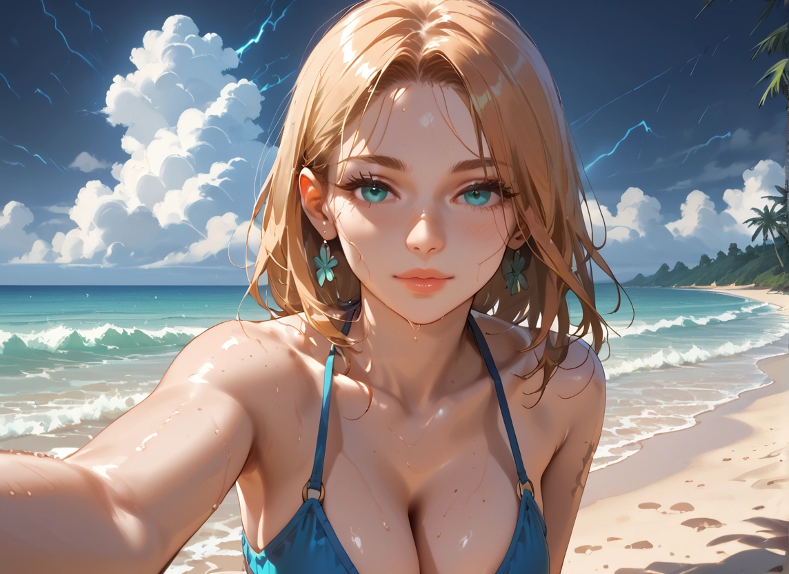 1girl, breasts, swimsuit, outdoors, beach, solo · Yamete.gg