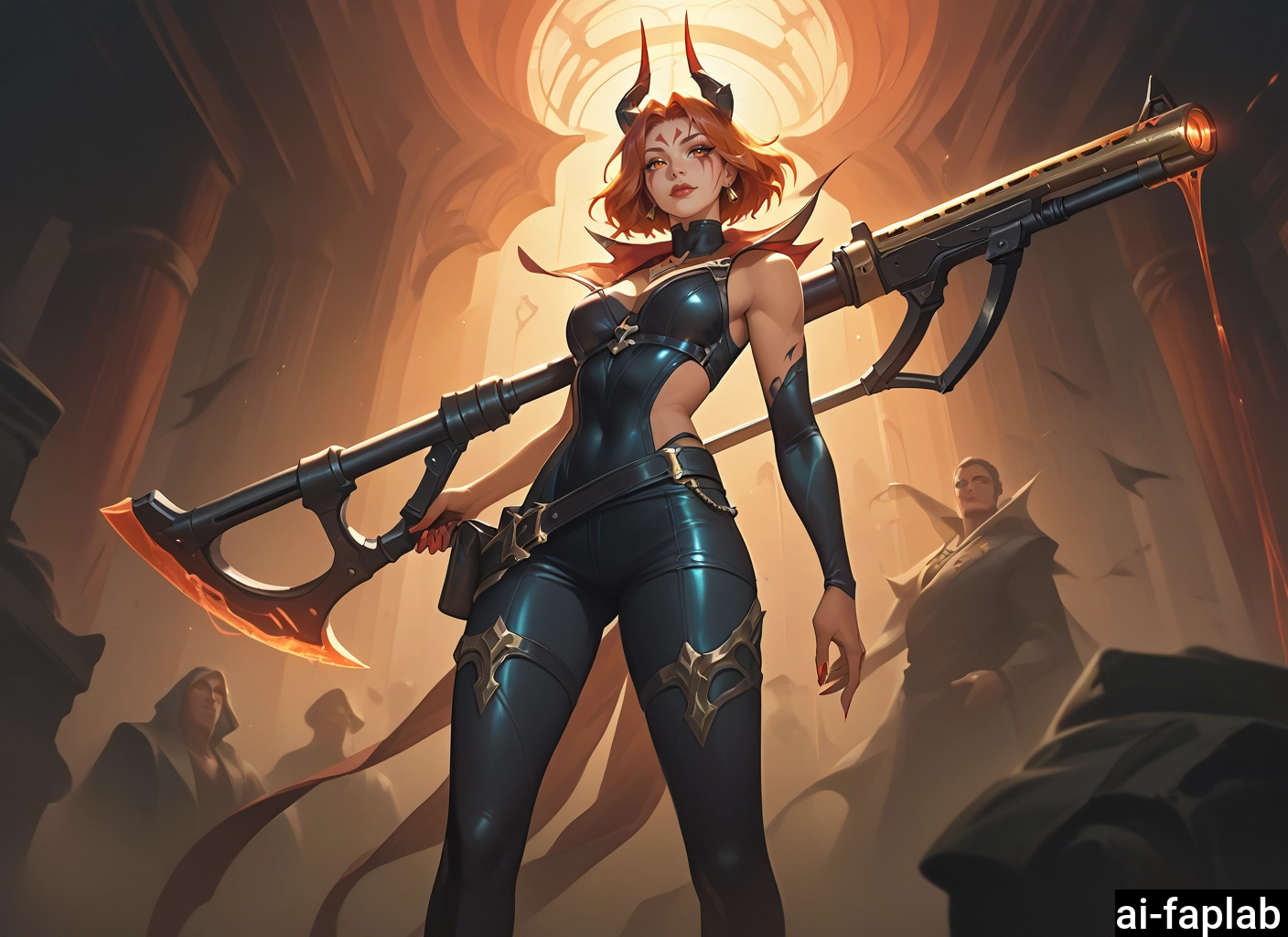 1girl, weapon, holding, breasts, horns, red nails · Yamete.gg