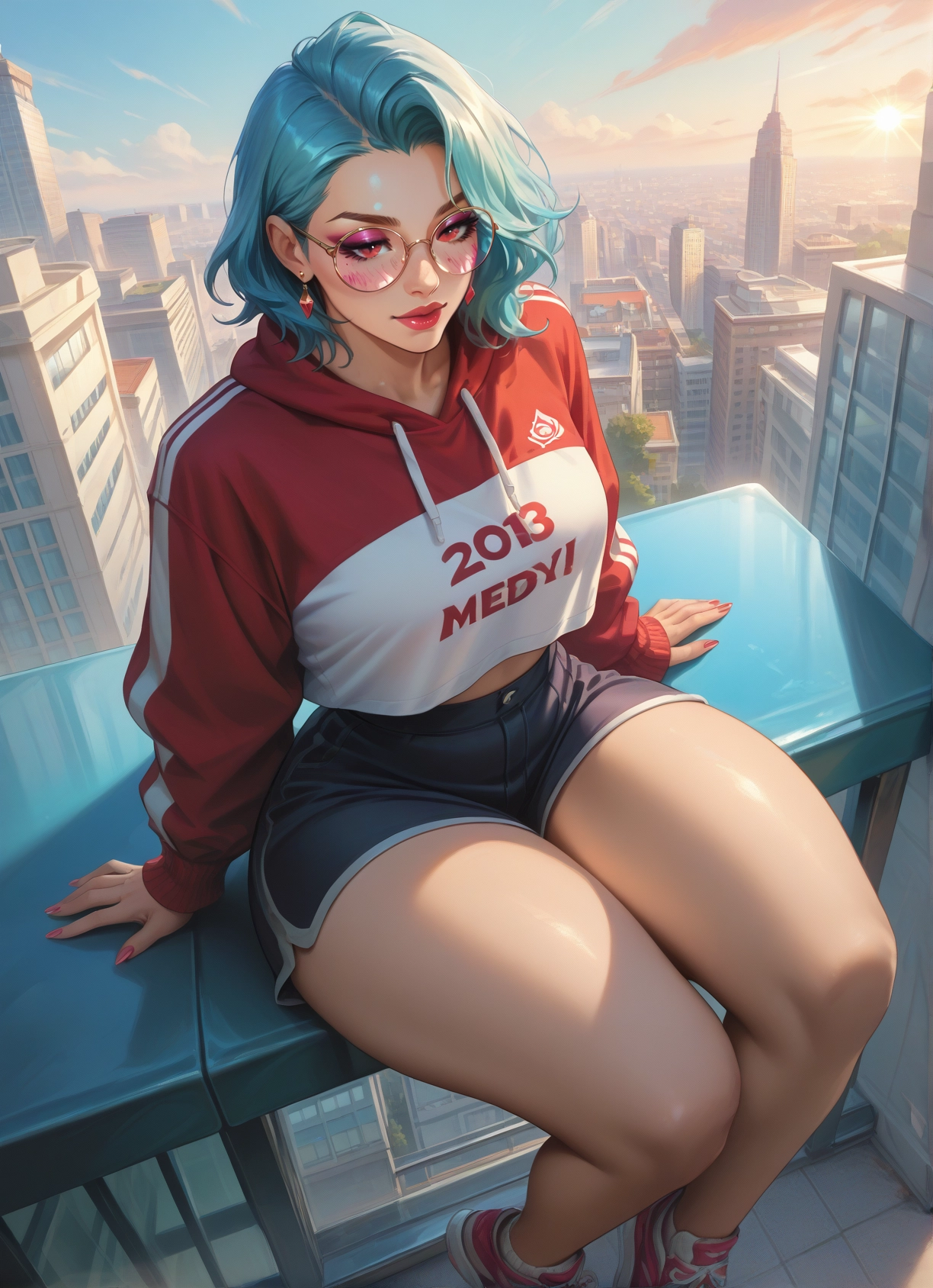1girl, shorts, jewelry, earrings, sitting, hood · Yamete.gg