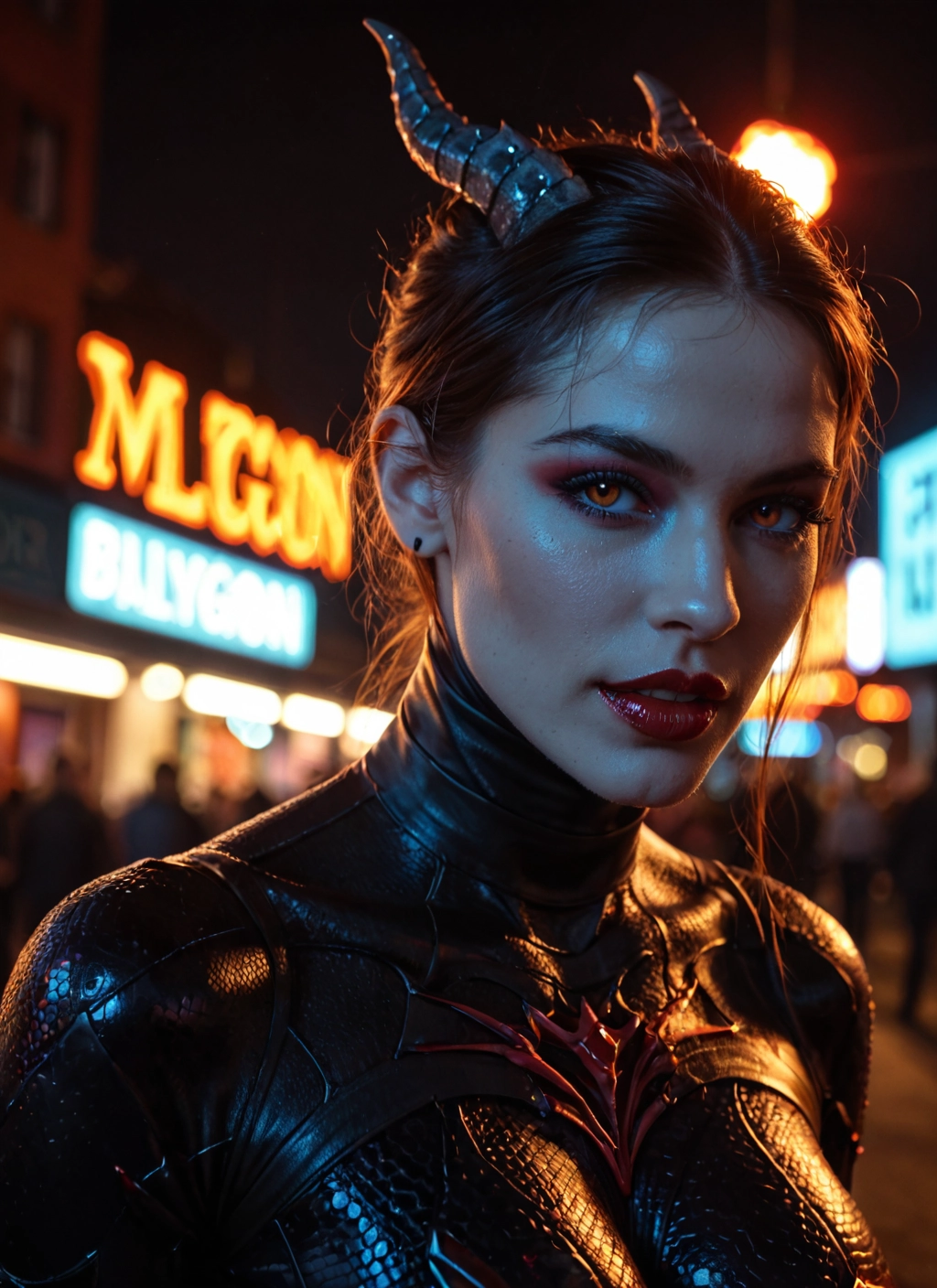 1girl, horns, solo, looking at viewer, bodysuit, makeup · Yamete.gg