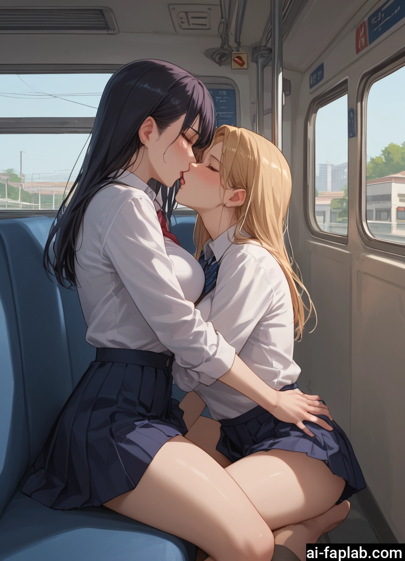 multiple girls, 2girls, yuri, skirt, kiss, closed eyes · Yamete.gg