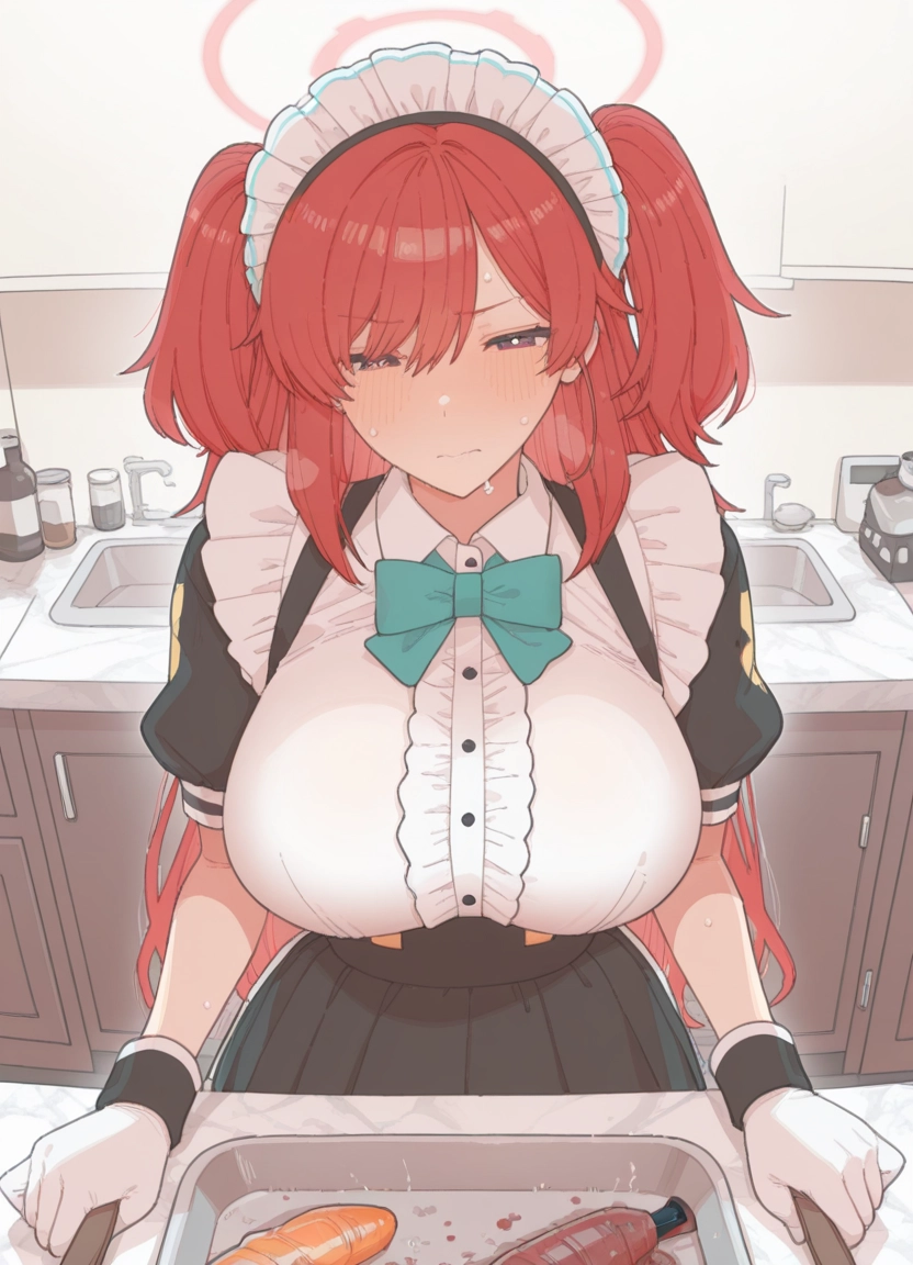 1girl, breasts, gloves, maid headdress, halo, solo