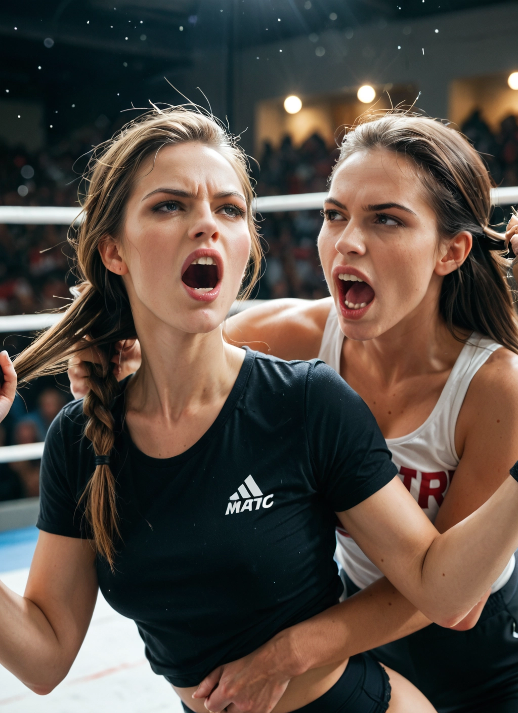 open mouth, multiple girls, 2girls, shirt, braid, grabbing another's hair · Yamete.gg