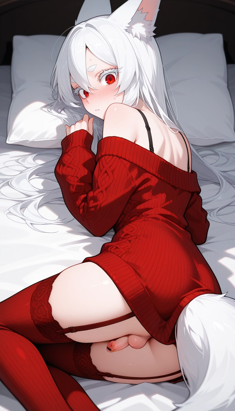 solo, red eyes, red sweater, sweater, thighhighs, long hair · Yamete.gg