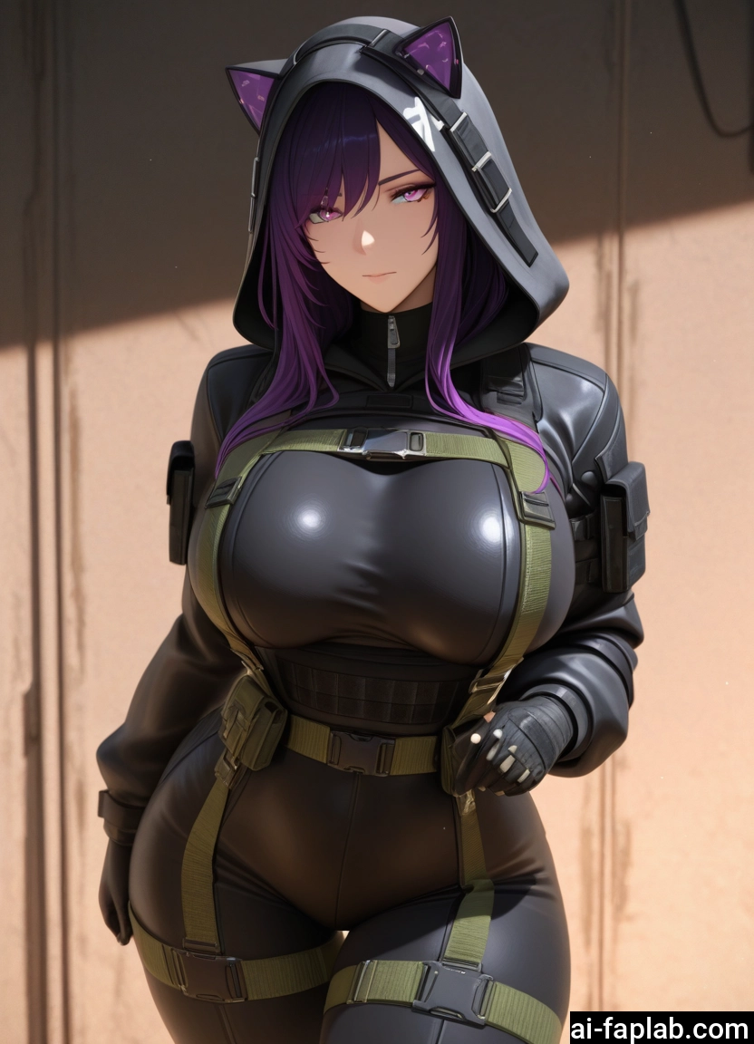 1girl, breasts, purple hair, hood, bodysuit, large breasts