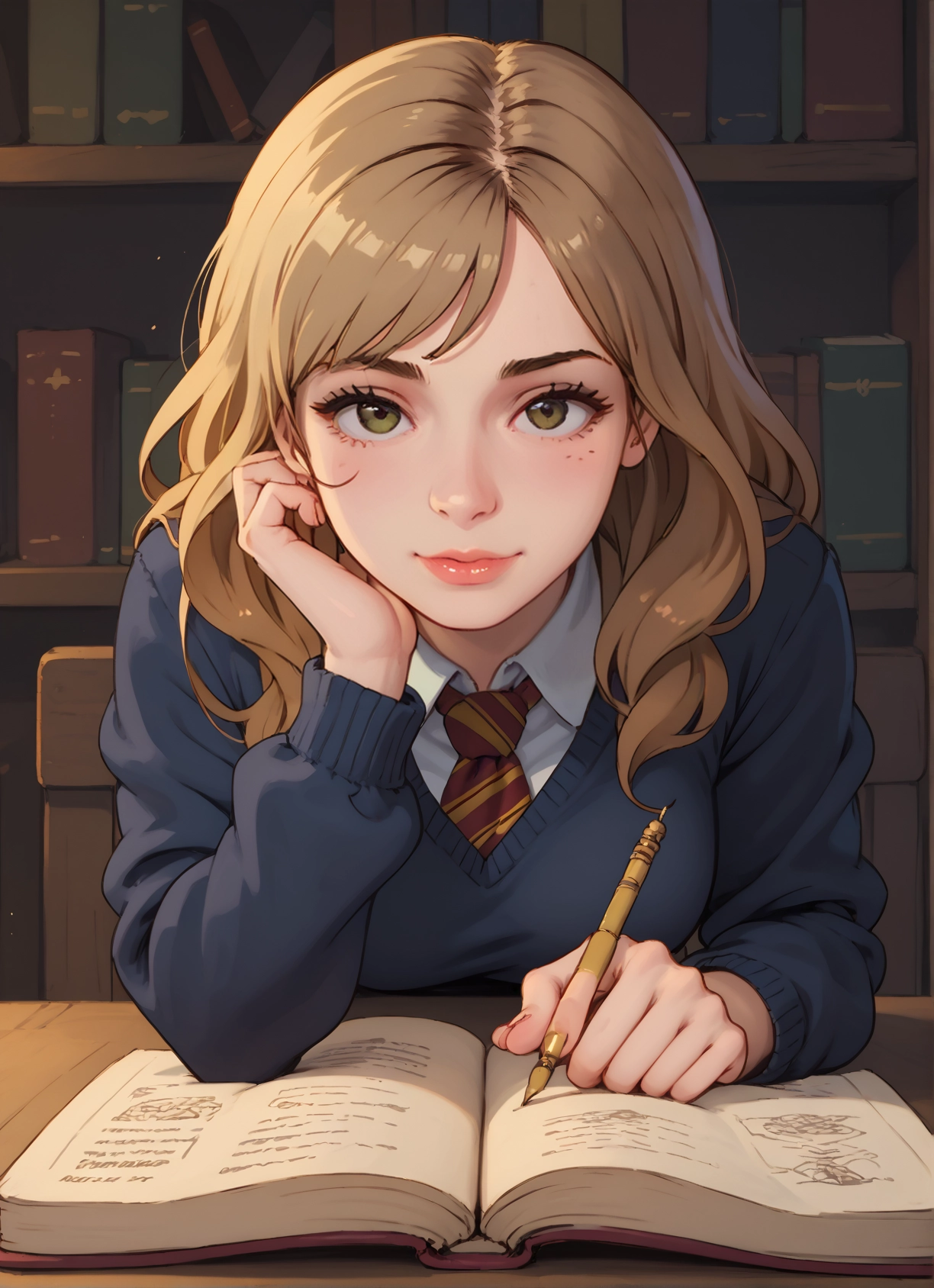 1girl, solo, book, necktie, looking at viewer, bookshelf · Yamete.gg