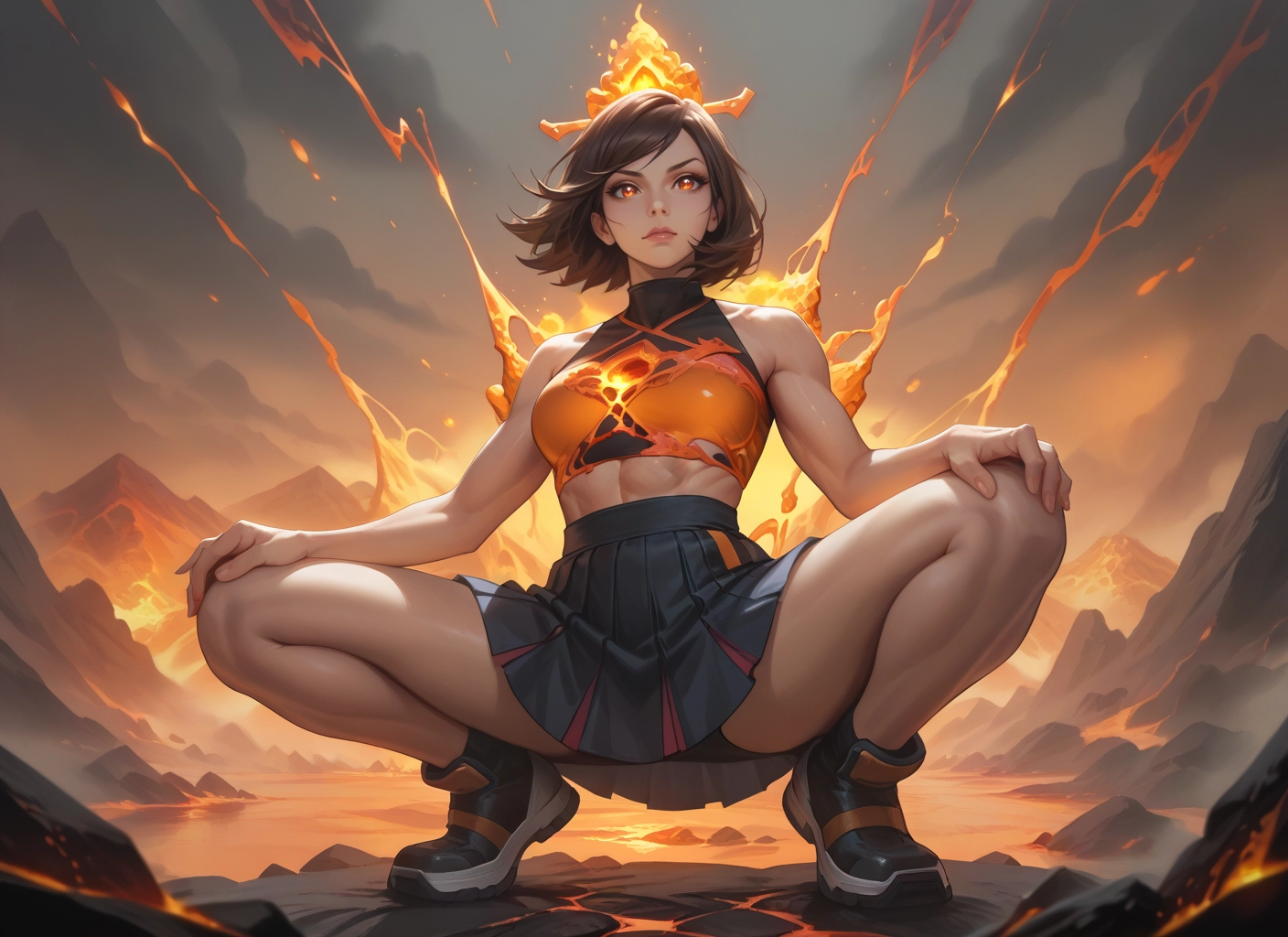 1girl, skirt, squatting, solo, pleated skirt, short hair