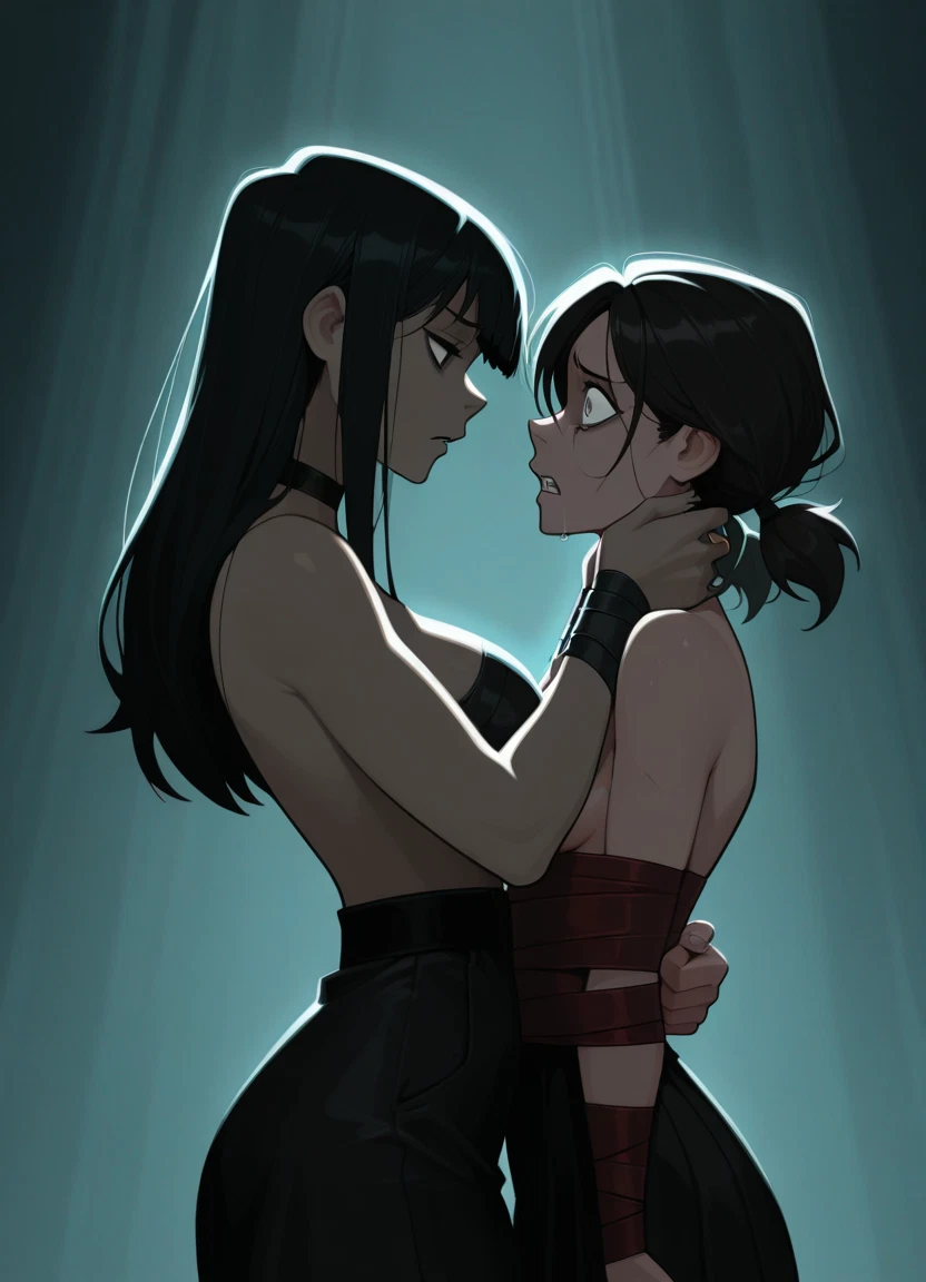 multiple girls, 2girls, black hair, breasts, long hair, pants