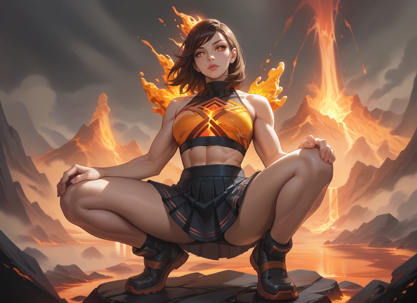 1girl, skirt, squatting, solo, abs, muscular female