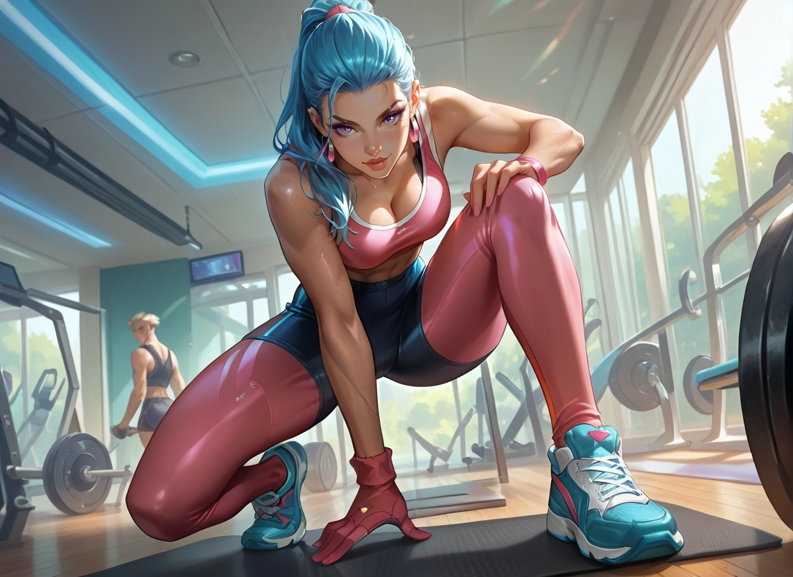 gym, breasts, cleavage, multiple girls, blue hair, 2girls · Yamete.gg
