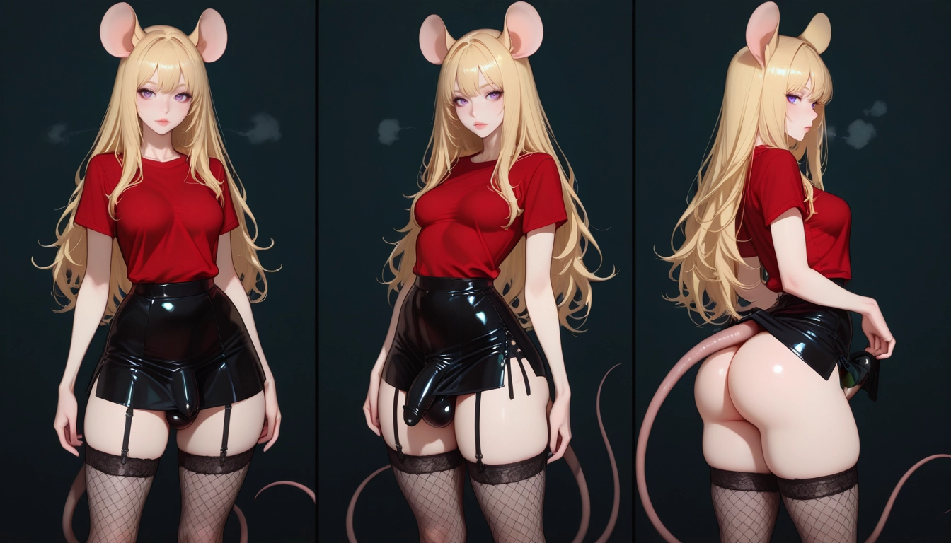 futanari, 1girl, tail, shirt, blonde hair, long hair · Yamete.gg