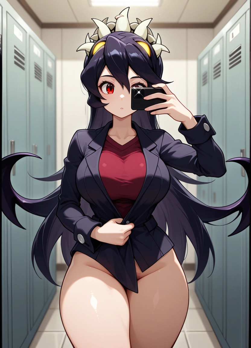 1girl, breasts, red eyes, black hair, long hair, phone · Yamete.gg