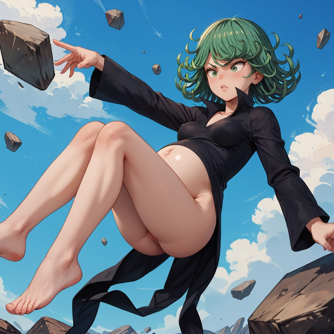 1girl, barefoot, green eyes, solo, green hair, dress · Yamete.gg