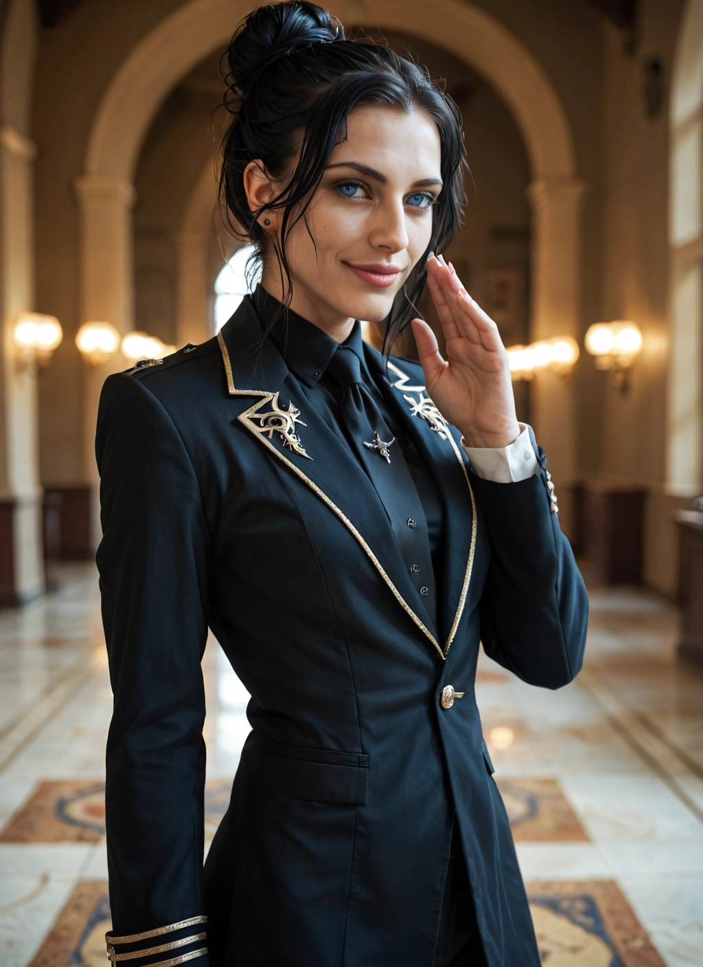1girl, solo, blue eyes, jewelry, black hair, hair bun · Yamete.gg