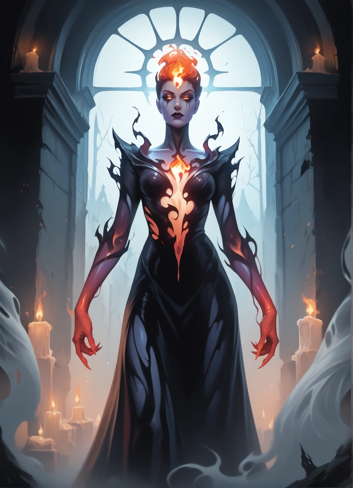 1girl, solo, candle, dress, breasts, colored sclera · Yamete.gg