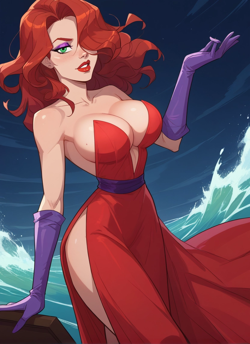 1girl, breasts, gloves, dress, green eyes, hair over one eye · Yamete.gg