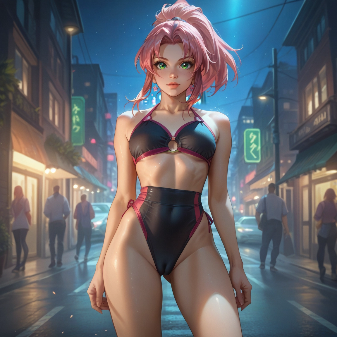 green eyes, pink hair, swimsuit, looking at viewer, solo focus, outdoors · Yamete.gg