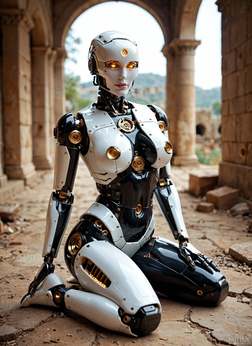 1girl, solo, robot, sitting, robot joints, humanoid robot · Yamete.gg